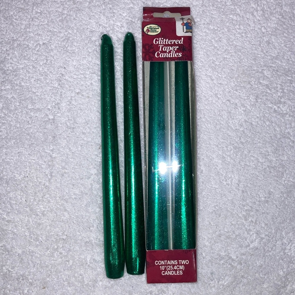 Vintage cherished home green glittered taper candles 10”